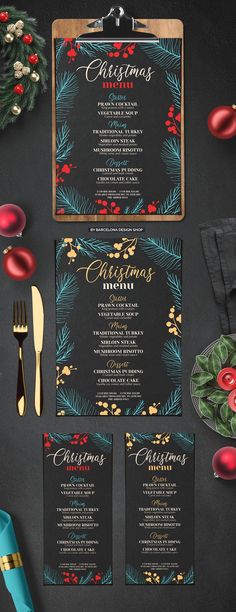 a christmas menu and place setting on a black table with red berries, pine cones and evergreen leaves