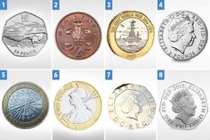 six different types of coins with the names and numbers on each one, including two sovereigns