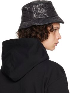 Padded quilted polyester satin bucket hat. Logo embroidered at face. Supplier color: Black Stone Island Puffer Hat, Bucket Hat Black, Black Quilt, Polyester Satin, Logo Embroidered, Bucket Hat, Satin, ? Logo, Hats