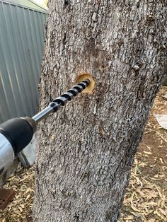 an electric drill is attached to a tree