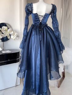 Blue Ruffled Dress For Costume Party, Blue Fitted Dress For Costume Party, Fitted Blue Dress For Costume Party, Blue Ruffled Corset Dress For Party, Fitted Royal Blue Dress For Costume Party, Royal Blue Fitted Dress For Costume Party, Blue Long Sleeve Ruched Dress, Long Sleeve Corset Dress For Prom, Fitted Blue Dress With Ruffle Hem