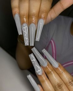 Acrylic Nails Long, Nails Long Square, Grey Acrylic Nails, Grey Nails, Purple Acrylic, Diy Acrylic Nails