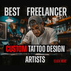 a man sitting at a table with tattoos on his face and the words, best freelancer custom tattoo design artists