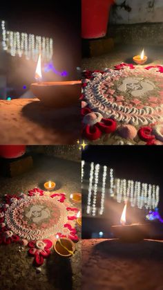 candles are lit on the ground in front of a circular doily with flowers and beads