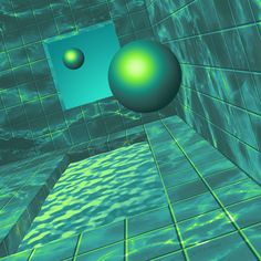 an image of a green ball in the middle of a tiled room with blue and green tiles