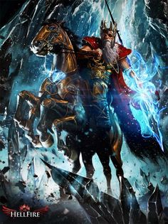 a man riding on the back of a horse next to a giant ice covered mountain