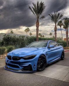 a blue bmw is parked on the side of the road in front of palm trees