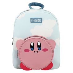 a small backpack with a pink face on the front and blue eyes in the back