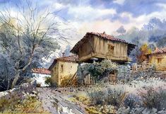 watercolor painting of an old house in the countryside