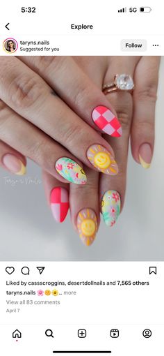 Popsicle Nails Designs, Cute Funky Nails Almond, Nails With Different Designs, Hard Gel Nails Design, Popsicle Nails, June Nails Ideas 2024, Bright Nail Ideas, Picnic Nails, Funky Summer Nails