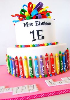 a birthday cake decorated with crayons and the number fifteen