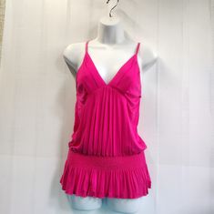 Women's Sexy Fuchsia Sleeveless Spaghetti Strap Cami Top Smocked Waist Size L Relaxed Fit - New Without Tag Pink Stretch Flirty Tank Top, Flirty Pink Stretch Tank Top, Flirty Sleeveless Camisole For The Beach, Sleeveless Smocked Bodice Top For Party, Sleeveless Party Tops With Smocked Bodice, Sleeveless Smocked Bodice Party Top, Summer Stretch Ruched Camisole, Pink V-neck Top With Smocked Back, Pink Ruched Top For Vacation