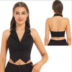 Crop Top Halter Backless Button-Down Notch Lapel Design Pointed Hem Vest New With Tags Size: Medium Color Black Material: 90% Polyester, 10% Spandex Lining: Polyester Collar: Halter Slim Fit Features Women’s Fashion Solid Color Crop Top Halter, Backless Button Down, Pointed Hem Vest. Made Of Skin-Friendly Soft Fabric. No Pilling, Fade Resistant & Comfortable To Wear. Halter With Notch Lapel Design, Backless, Button Down And Pointed Hem. Works Well With Shorts, Jeans, Skirts, Shirts And Jackets S Fitted Button-up Chic Crop Top, Fitted Top With Button Closure For Party, Fitted Party Tops With Back Button Closure, Trendy Fitted Crop Top With Button Closure, Elegant Fitted Crop Top With Buttons, Fitted Black Tops With Back Button Closure, Fitted Black Top With Back Button Closure, Fitted Button-up Crop Top With Button Closure, Trendy Fitted Buttoned Crop Top