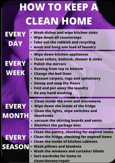 how to keep a clean home poster with the words, every week and every month