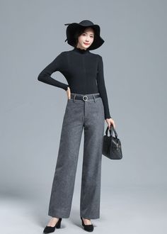 "DETAILS: * 30% wool, 70% polyester fiber * Polyester Lining * Two side pockets * Front hidden zipper closure+buttons * Straight leg pants * High waisted pants * Wide leg pants * Perfect for Winter, autumn * Dry clean *The model is 170cm (5' 7\") tall with 85 cm(33.4\") bust and 67 cm(26.7\")waist. She is wearing the dark gray wool pants in size XS. CUSTOM MADE SERVICE If you * Change other color * Can't find your size in our size Chart * Change the Style * Change the length * Your Height is not Tailored Solid Winter Bottoms, Tailored Solid Color Winter Bottoms, Gray Winter Business Casual Pants, Winter Workwear Bottoms, Full Length Wool Bottoms For Fall, Full-length Bottoms For Winter Workwear, Full Length Bottoms For Winter Workwear, Full Length Bottoms For Workwear In Winter, Gray High Waist Dress Pants For Fall