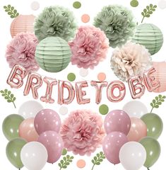 the words bride to be surrounded by balloons, flowers and pom - poms