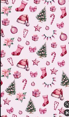 a pink background with christmas decorations and presents on it's side, including stockings, hats, bows, and candy canes