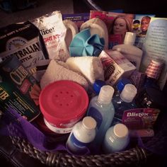 a basket filled with personal care items on top of a table