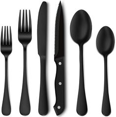 Hiware 24 Pieces Matte Black Silverware Set with Steak Knives Black Silverware, Black Flatware, Eating Utensils, Kitchen Cutlery, Stainless Steel Cutlery, Stainless Steel Flatware, Steak Knives, Utensil Set