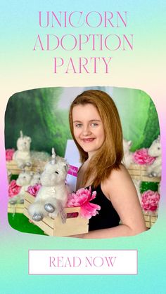 a girl holding a box with stuffed animals in it and the caption reads unicorn adoption party read now