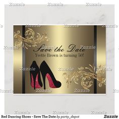 save the date card with high heel shoes on gold and black background, which is also customizable