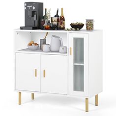 a white cabinet with various items on it and a coffee maker in the back ground