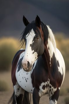 a brown and white horse standing on top of a dirt field