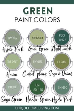 green paint colors with the names and numbers for each one in it, including white