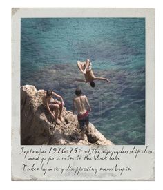 two boys are jumping off rocks into the water with an inspirational quote written below them