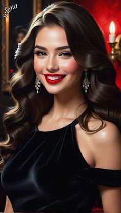 a painting of a woman in a black dress with red lipstick and long wavy hair