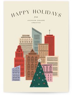 a holiday card with the words happy holidays on it and a christmas tree in front