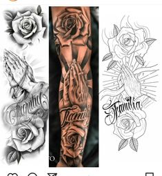 some tattoos with roses and hands on them