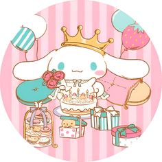 a cartoon bunny with a birthday cake surrounded by balloons and gifts on a pink striped background