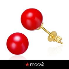 in stock Red 14k Gold Pierced Earrings, Hypoallergenic Red Round Jewelry, 14k Gold Red Earrings For Pierced Ears, Classic Red Nickel-free Earrings, Hypoallergenic 14k Gold Red Jewelry, Classic Red Earrings For Valentine's Day, Red 14k Gold Earrings, Gold Plate, In Store