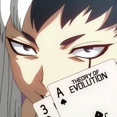 an anime character holding up cards with the words theory of evolution written on one side