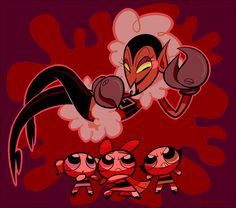 cartoon character with boxing gloves and two other characters in front of red ink splots