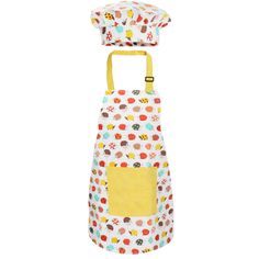 an apron and hat on top of a white background with polka dot print, yellow straps