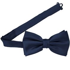 Our premium navy blue bow ties are pre-tied with a band collar style that expands to fit most adult neck sizes. Its heavyweight woven material and smooth satin finish provide a sharp look that is suited for your most formal occasions. When compared to our standard bow ties, this bow is slightly larger. We recommend this shade for a dark blue. It's a classic navy blue. See it in person by requesting a free color swatch. Product Features Pre-tied band collar bow tie Men's size Bow measures approxi Classic Solid Bow For Black-tie Events, Blue Satin Bow Tie For Black-tie Events, Blue Classic Bow Tie For Black-tie Events, Classic Blue Bow Tie And Suit Accessories, Pre-tied Solid Color Satin Bow Tie, Classic Blue Suit And Bow Tie Accessories, Classic Blue Satin Bow Tie, Classic Blue Satin Bow, Blue Satin Bow Tie