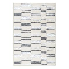 a white rug with blue and grey stripes on the bottom, in front of a white background