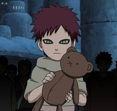 an anime character holding a teddy bear in his arms and looking at the camera with green eyes