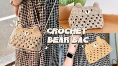 the crochet bear bag is made from two different pieces of yarn and has an attached