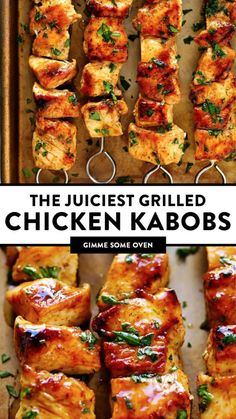 grilled chicken kabobs on a baking sheet with text overlay