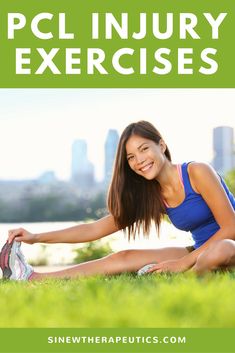 a woman stretching her legs with the words acp injury exercises overlaying her