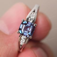 This is a gorgeous handmade creation. Its beauty is its simplicity & Elegance. The (6*6mm asscher cut lab alexandrite) is crafted in solid sterling silver / 14k gold. It is available to customized, if you have any mind, just let me know, we will discuss with it. All item is sent in a beautiful gift box You can realize more lovely stuff clicking the link https://www.etsy.com/shop/knightjewelry?refshopsection_shophome_leftnav Please leave the correct address and you PHONE NUMBER for delivering suc Alexandrite Ring Engagement, June Birthstone Ring, Mom Ring, Alexandrite Engagement Ring, Alexandrite Ring, Magical Jewelry, Asscher Cut