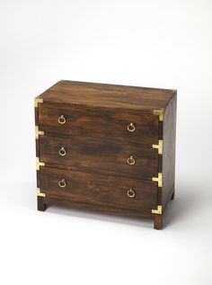 a wooden chest with brass handles and two drawers on one side, against a white background