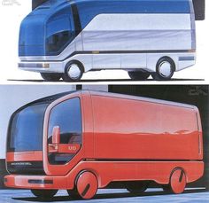 two pictures of the same vehicle, one in red and one in blue with wheels