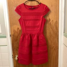 So Adorable And Cute Perfect For Spring Dressy Red Dress For Spring, Red Short Sleeve Lined Dress, Red Dressy Dress For Spring, Red Dressy Spring Dress, Red Spring Dressy Dress, Red Casual Fit And Flare Dress, Pink Heart Dress, Blue White Striped Dress, Red City