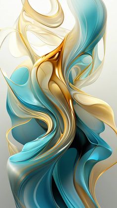 an abstract painting with blue, yellow and white waves on it's side by itself