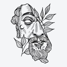 a black and white drawing of a man's face with leaves in his hair