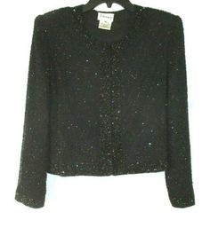 Stenay Beaded Silk Jacket  Black with Black Beading Size Medium  Formal  Evening Holiday Hook & Eye Front Closure Shoulder Pads  Lined  Womens  EE577 Previously worn. No observed flaws. Length - 19" Armpit to armpit - 19" Shoulder to shoulder - 16" Sleeve from shoulder - 23" I will reduce shipping costs for multiple purchases paid with one PayPal payment.  There is no formula.  I will charge what it costs me to ship it to you.  If you make a multiple purchase, please wait to make payment until I Formal Beaded Winter Outerwear, Beaded Winter Outerwear For Formal Occasions, Silk Jacket, Paypal Payment, Hook Eye, Please Wait, Black Media, Black Beads, Shoulder Pads